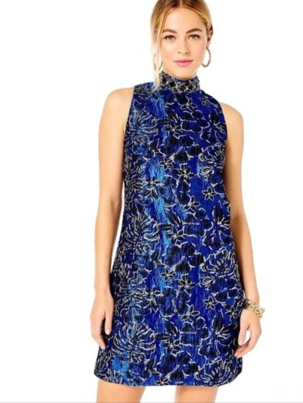 Lilly Pulitzer Brandi Shift Dress in Blue Grotto Twilight Floral Brocade Size 14